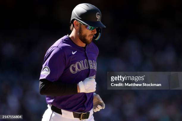Kris Bryant of the Colorado Rockies plays the Tampa Bay Rays in the seventh inning at Coors Field on April 07, 2024 in Denver, Colorado.