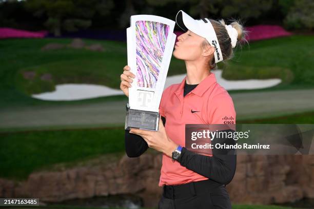 Nelly Korda of the United States poses with the trophy on day five of the T-Mobile Match Play presented by MGM Rewards at Shadow Creek at Shadow...