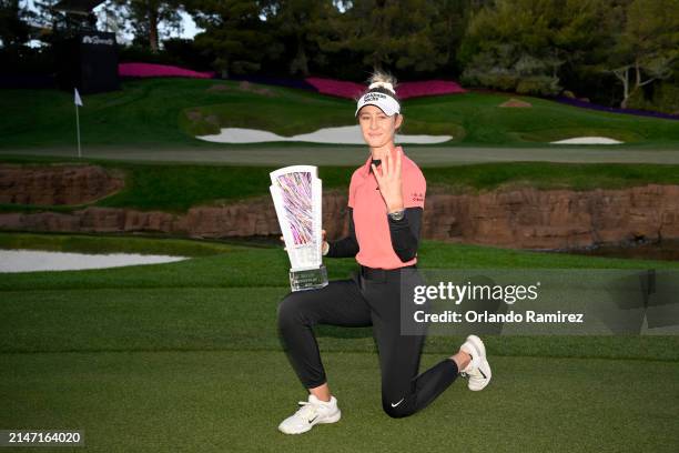 Nelly Korda of the United States poses with the trophy on day five of the T-Mobile Match Play presented by MGM Rewards at Shadow Creek at Shadow...