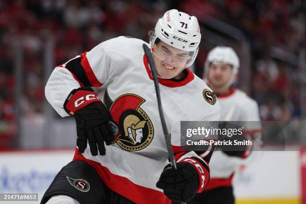 Ridly Greig of the Ottawa Senators celebrates after scoring a goal against the Washington Capitals during the third period at Capital One Arena on...