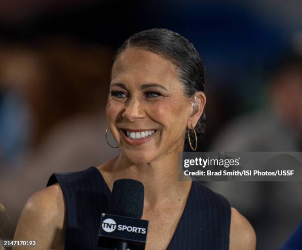 Shannon Boxx speaks on the TNT set before a SheBelieves Cup game between Japan and the USWNT at Mercedes-Benz Stadium on April 6, 2024 in Atlanta,...