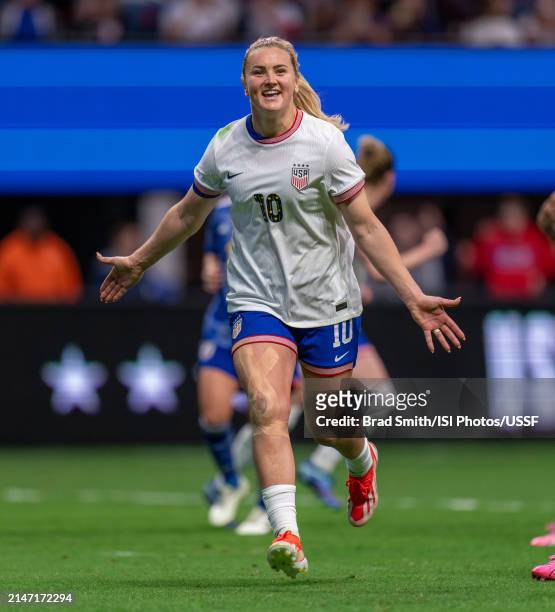 Lindsey Horan of the United States celebrates her goal during a SheBelieves Cup game between Japan and the USWNT at Mercedes-Benz Stadium on April 6,...
