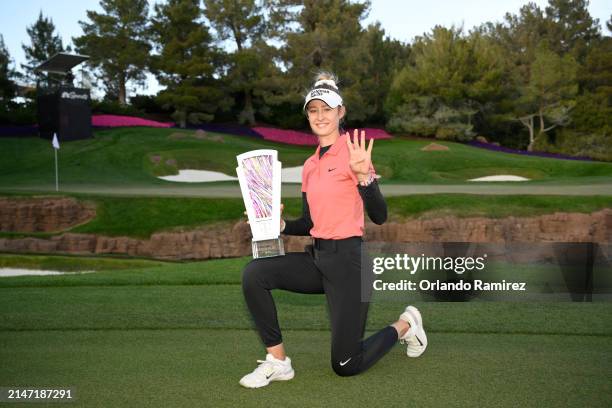 Nelly Korda of the United States poses with the trophy on day five of the T-Mobile Match Play presented by MGM Rewards at Shadow Creek at Shadow...