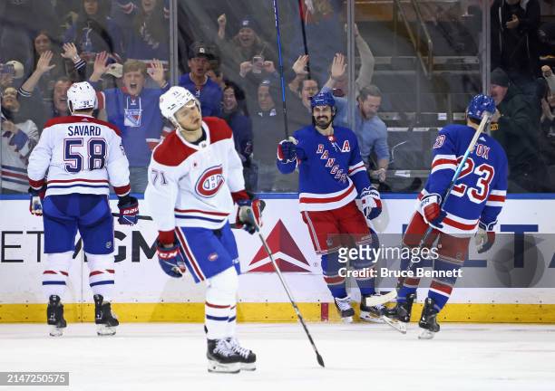 Chris Kreider of the New York Rangers celebrates his third period goal against the Montreal Canadiens at Madison Square Garden on April 07, 2024 in...
