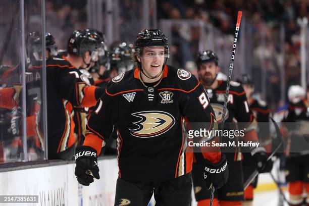 Leo Carlsson of the Anaheim Ducks reacts after scoring a goal during the third period of a game against the St. Louis Blues at Honda Center on April...