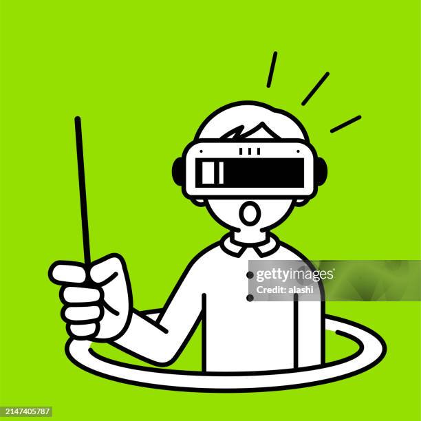 a boy is holding a conductor's baton or a teacher's pointer stick, looking at the viewer, minimalist style, black and white outline - virtual q and a stock illustrations