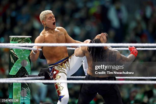 Roman Reigns and Cody Rhodes fight for the Undisputed WWE Universal Championship during Night Two at Lincoln Financial Field on April 07, 2024 in...