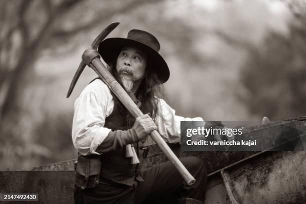 sepia tone action cowboy portrait. - vintage stocking stock pictures, royalty-free photos & images