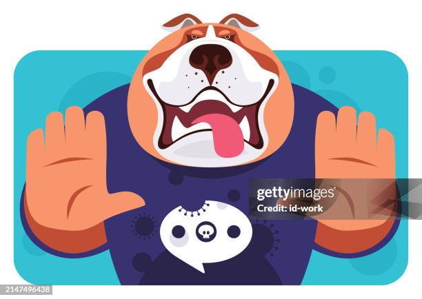 bulldog gesturing stop sign in red t-shirt - pet clothing stock illustrations