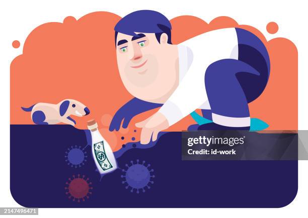 businessman digging ground and finding banknote in bottle - message in a bottle stock illustrations