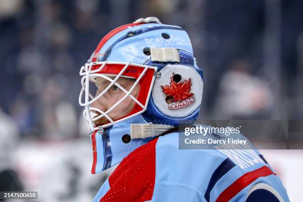 Goaltender Laurent Brossoit of the Winnipeg Jets looks on during the pre-game warm up prior to NHL action against the Los Angeles Kings at the Canada...