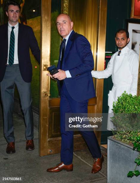 Matt Lauer is seen outside the Polo Bar for the reception of Don Lemon's wedding with Tim Malone on April 07, 2024 in New York City.