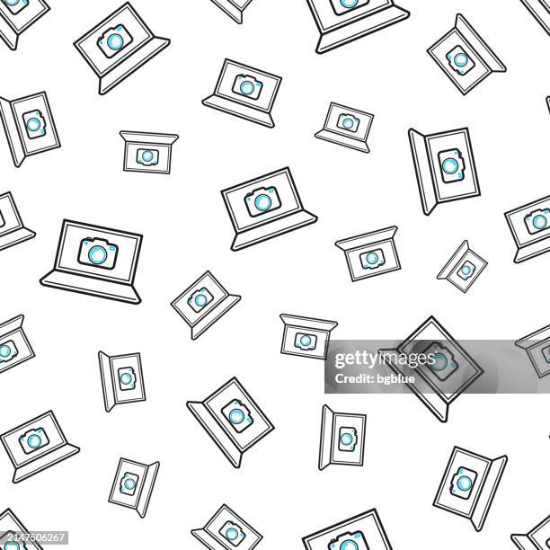 laptop with camera. seamless pattern. line icons on white background - photo shoot vector stock illustrations