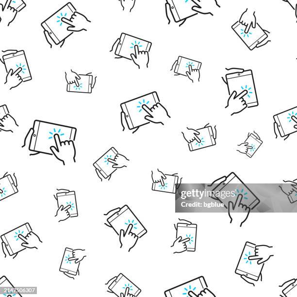 hand touch screen tablet pc. seamless pattern. line icons on white background - screen cursor stock illustrations