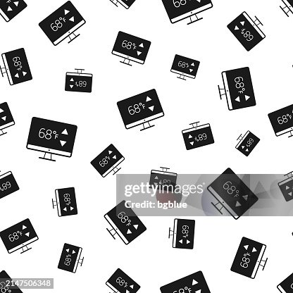 Desktop computer with heating control. Seamless pattern. Icons on white background Desktop computer with heating control. Seamless pattern. Icons on white background