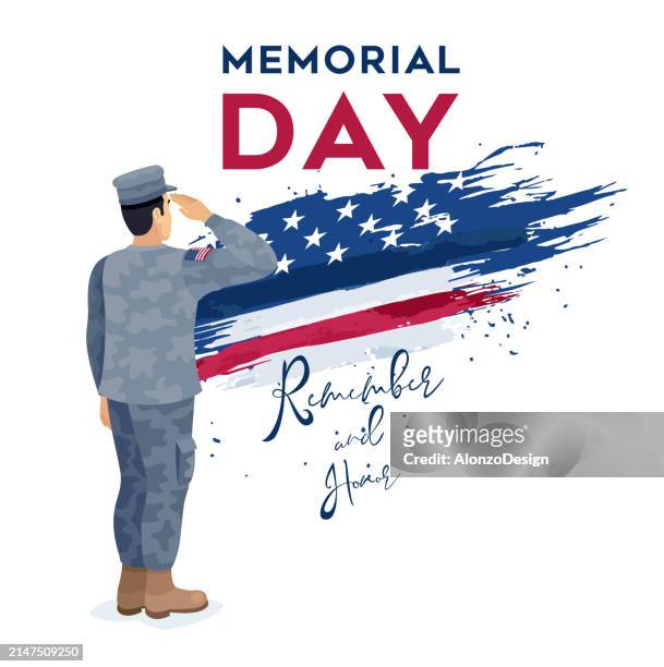 memorial day. remember and honor with usa flag. patriotic young soldier saluting. - marines logo 幅插畫檔、美工圖案、卡通及圖標