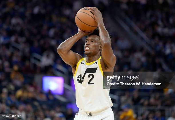 Collin Sexton of the Utah Jazz shoots a technical foul shot against the Golden State Warriors during the second half of an NBA basketball game at...