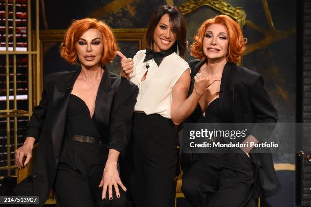 Italian presenter Nunzia de Girolamo and twin drag queen musical duo Karma B during the TV show Rai Ciao Maschio. Rome , April 05th, 2024