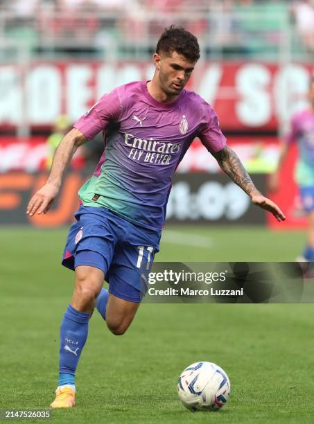 Christian Pulisic of AC Milan in action during the Serie A TIM match between AC Milan and US Lecce - Serie A TIM at Stadio Giuseppe Meazza on April...