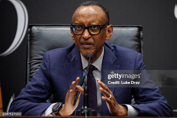 The President of Rwanda, Paul Kagame, holds a press conference after the start of 100 days of remembrance, as Rwanda commemorates the 30th...