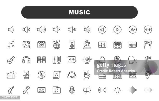 music line icons. editable stroke. contains such icons as speaker, audio, music player, music streaming, dancing, party, headphones, radio, music note, dj, singing, karaoke. - boygroup stock-grafiken, -clipart, -cartoons und -symbole