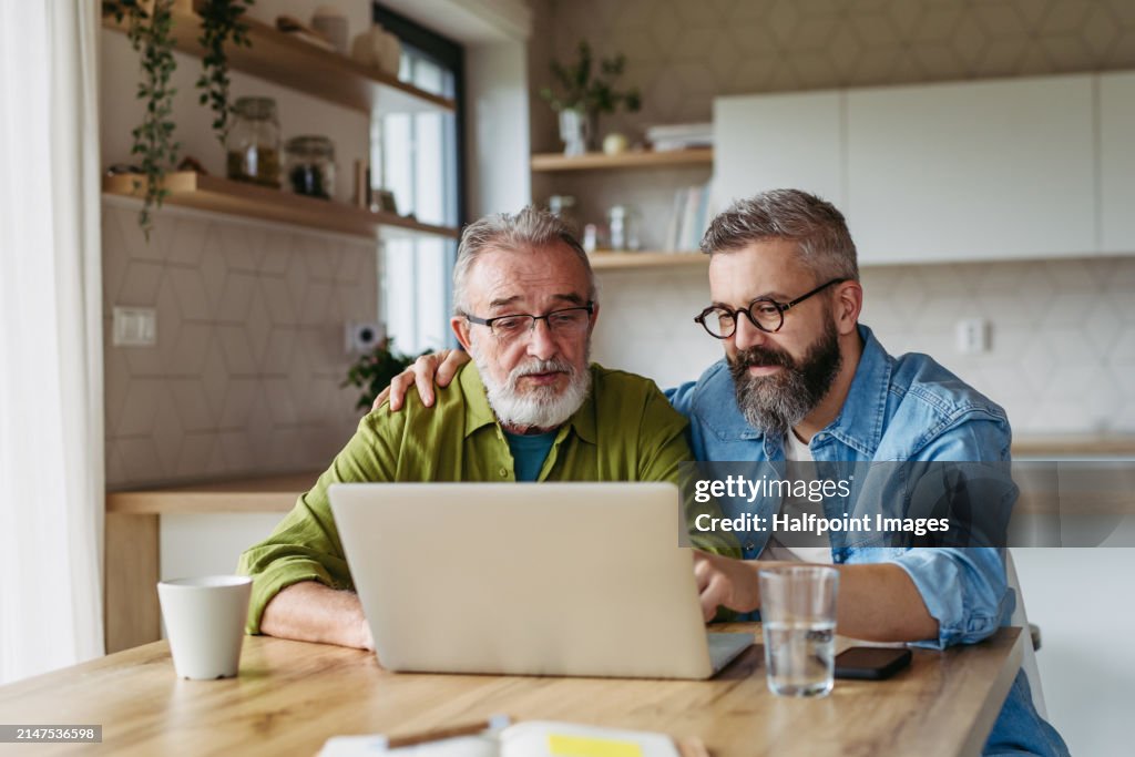 Mature son helping father to manage his finance, teaching how to work with internet baking and shopping online. Handsome son supporting dad, technology and digital literacy.