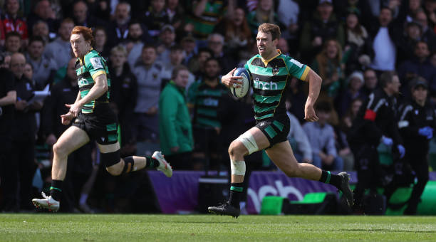 James Ramm of Northampton Saints breaks with the ball before setting up a try for George Hendy during the Investec Champions Cup Round Of 16 match...