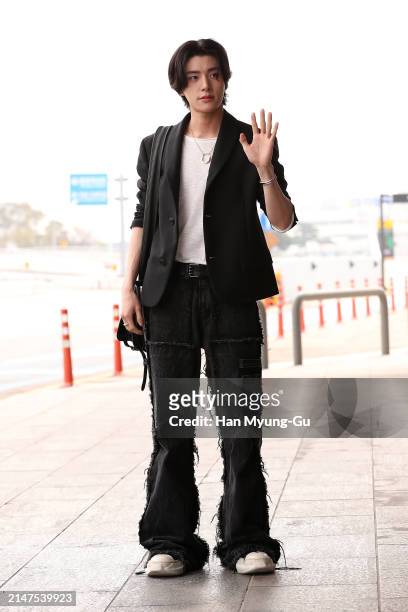 Jake of boy band ENHYPEN is seen on departure at Gimpo International airport on April 08, 2024 in Seoul, South Korea.