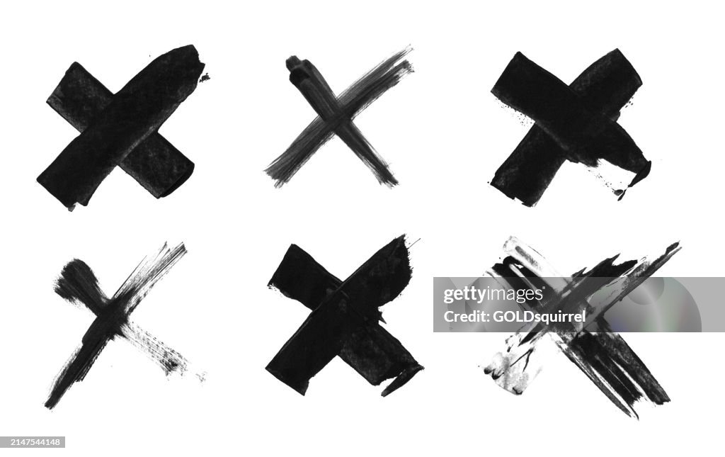 Abstrakte Illustration mit sechs x Markierungen - ungleichmäßig gemalte Kreuzsymbole - ungleichmäßige schmutzige schwarze Linien, die von Acrylfarbe auf weißem Papierhintergrund gemalt wurden - isolierte Einzelobjekte im Vektor erstellt - original Sto