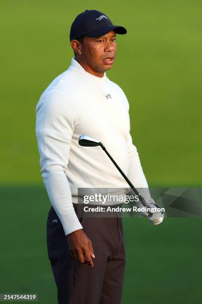 Tiger Woods of the United States warms up in the practice area prior to the 2024 Masters Tournament at Augusta National Golf Club on April 08, 2024...