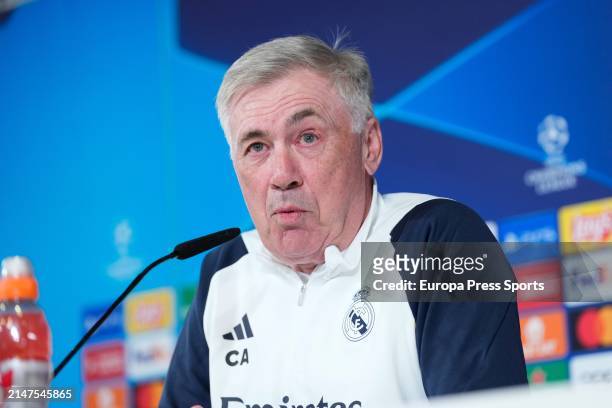 Carlo Ancelotti attends his press conference after the training session of Real Madrid before the UEFA Champions League, Quarter finals, football...