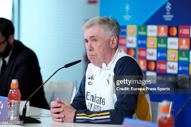 Carlo Ancelotti attends his press conference after the training session of Real Madrid before the UEFA Champions League, Quarter finals, football...