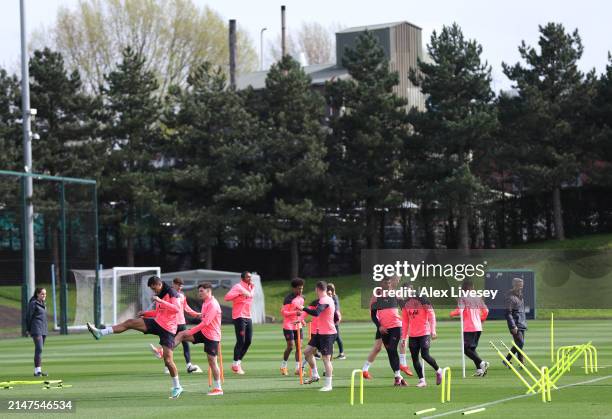 The players of Manchester City during a training session at Manchester City Football Academy on April 08, 2024 in Manchester, England.