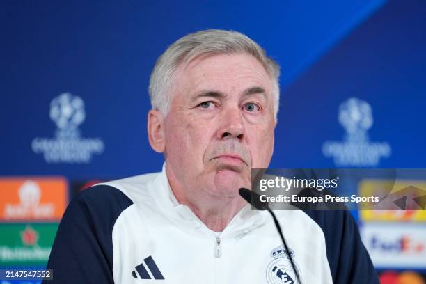 Carlo Ancelotti attends his press conference after the training session of Real Madrid before the UEFA Champions League, Quarter finals, football...