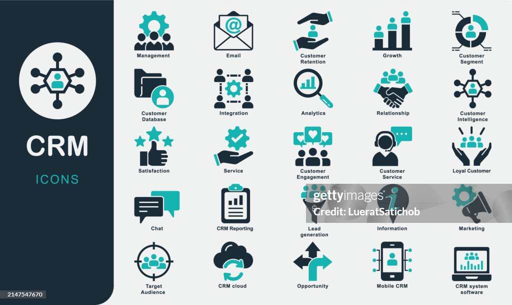 CRM solid icons. Customer relationship management, Engagement, Marketing, Sale, Service, data, report, strategy, manager, audience, Data Management, Implementation, Strategies, Segmentation, Support