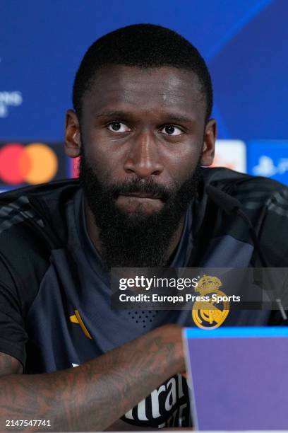 Antonio Rudiger attends his press conference after the training session of Real Madrid before the UEFA Champions League, Quarter finals, football...