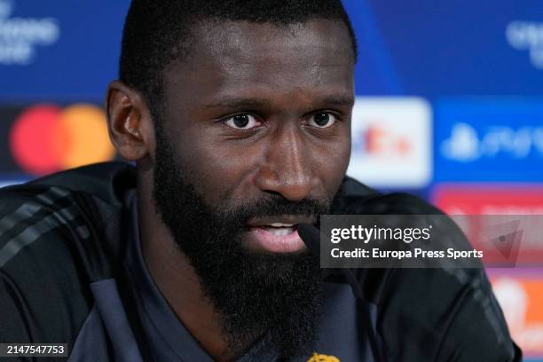 Antonio Rudiger attends his press conference after the training session of Real Madrid before the UEFA Champions League, Quarter finals, football...