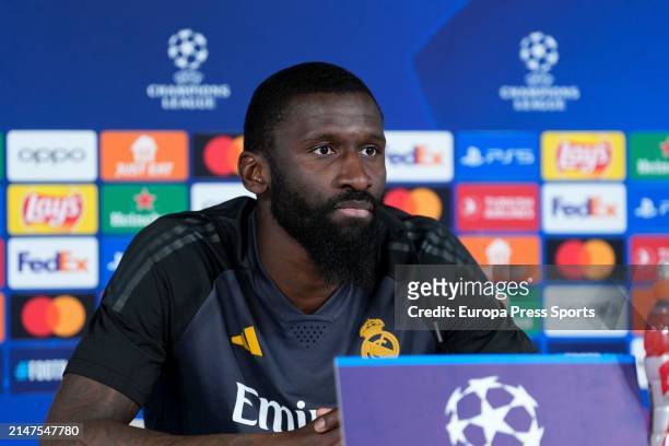 Antonio Rudiger attends his press conference after the training session of Real Madrid before the UEFA Champions League, Quarter finals, football...