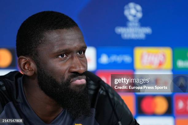 Antonio Rudiger attends his press conference after the training session of Real Madrid before the UEFA Champions League, Quarter finals, football...