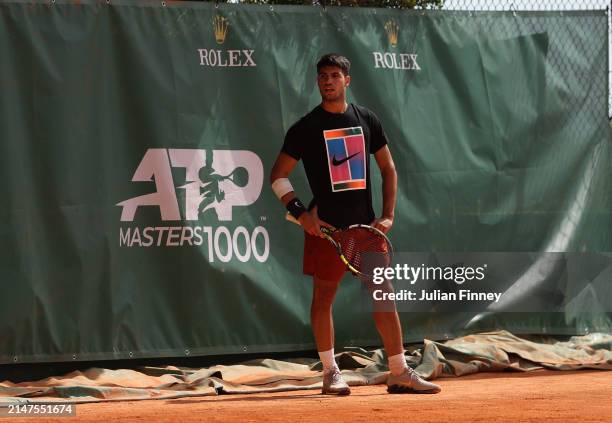 Carlos Alcaraz of Spain in a practice session during day two of the Rolex Monte-Carlo Masters at Monte-Carlo Country Club on April 08, 2024 in...