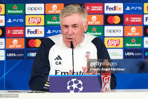 Head coach Carlo Ancelotti of Real Madrid speaks to the media during a press conference following the training session ahead of the UEFA Champions...