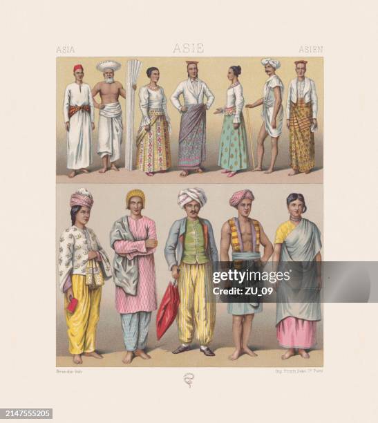 traditional asian clothing, chromolithograph, published in 1888 - sari stock illustrations