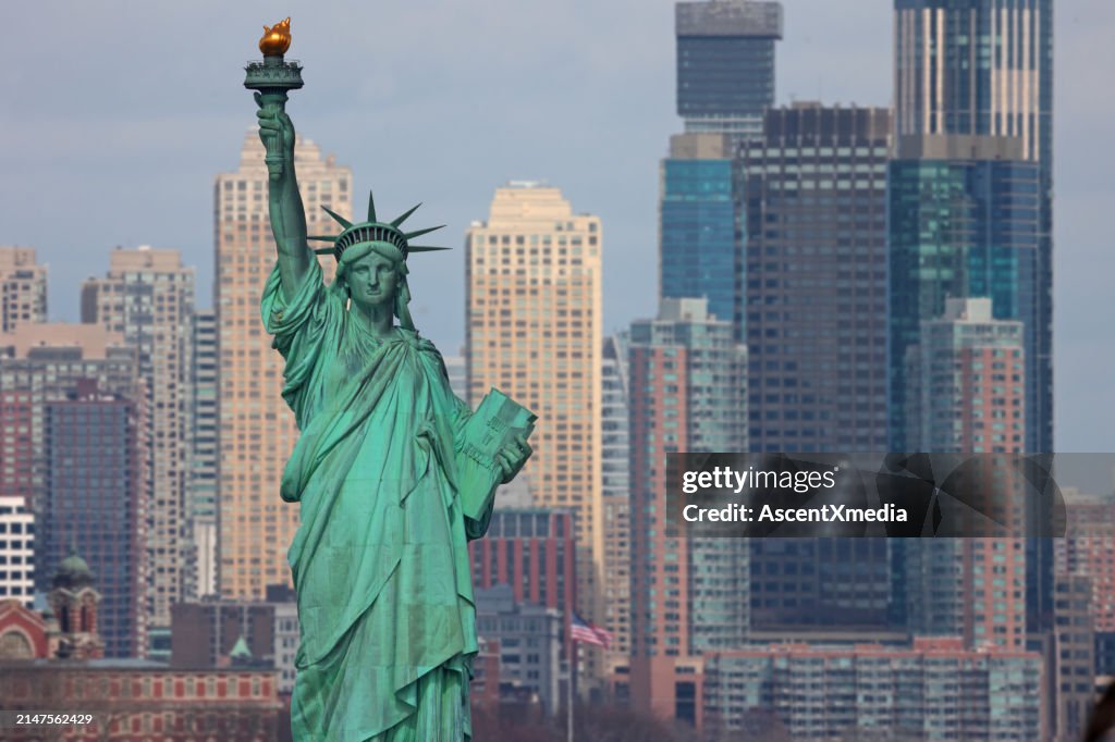 Aerial view of Statue of Liberty and city skyline