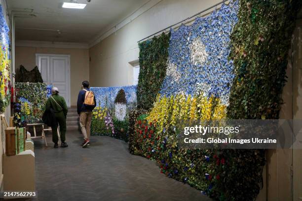 Exhibition of paintings-nets "Camouflage ART" made by volunteers in the history museum on April 6, 2024 in Zaporizhzhia, Ukraine. The volunteer...