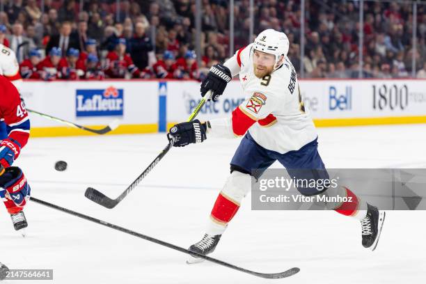 Sam Bennett of the Florida Panthers shoots the puck during the second period of the NHL regular season game against the Montreal Canadiens at the...