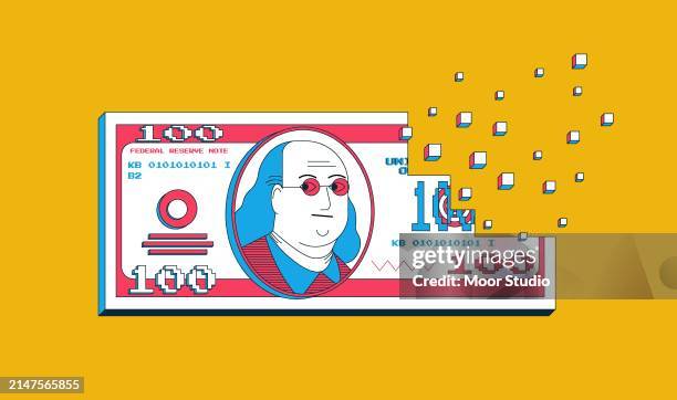 luxuriöse 100-dollar-banknote verwandelt sich in pixel - benjamin franklin stock-grafiken, -clipart, -cartoons und -symbole