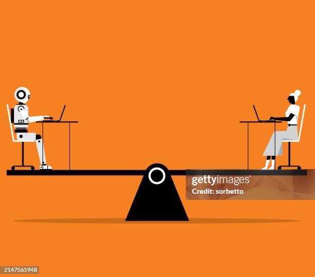 roboter vs. geschäftsfrau - waage - vergleich stock-grafiken, -clipart, -cartoons und -symbole