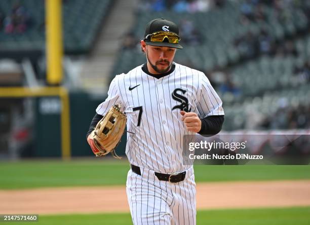 Dominic Fletcher of the Chicago White Sox reacts after the first inning against the Detroit Tigers at Guaranteed Rate Field on March 31, 2024 in...