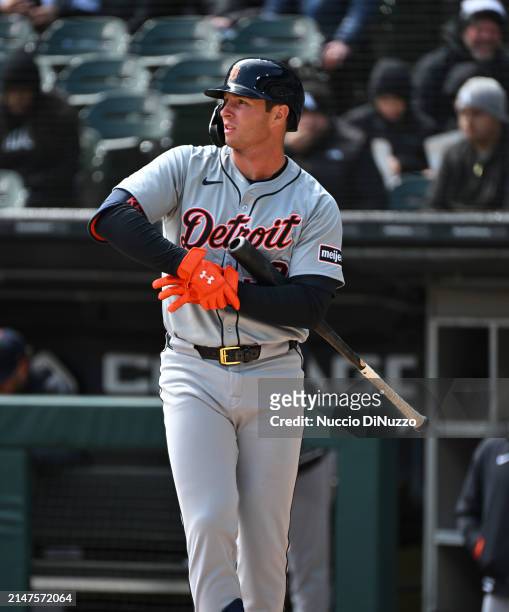 Colt Keith of the Detroit Tigers adjusts his Ubder Armour gloves during the second inning of a game against the Chicago White Sox at Guaranteed Rate...