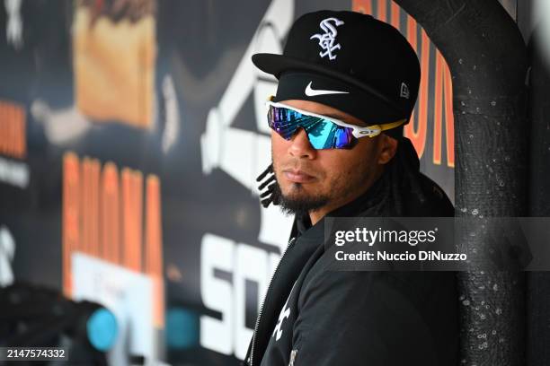 Martin Maldonado of the Chicago White Sox sits in the dugout during a game against the Detroit Tigers at Guaranteed Rate Field on March 31, 2024 in...